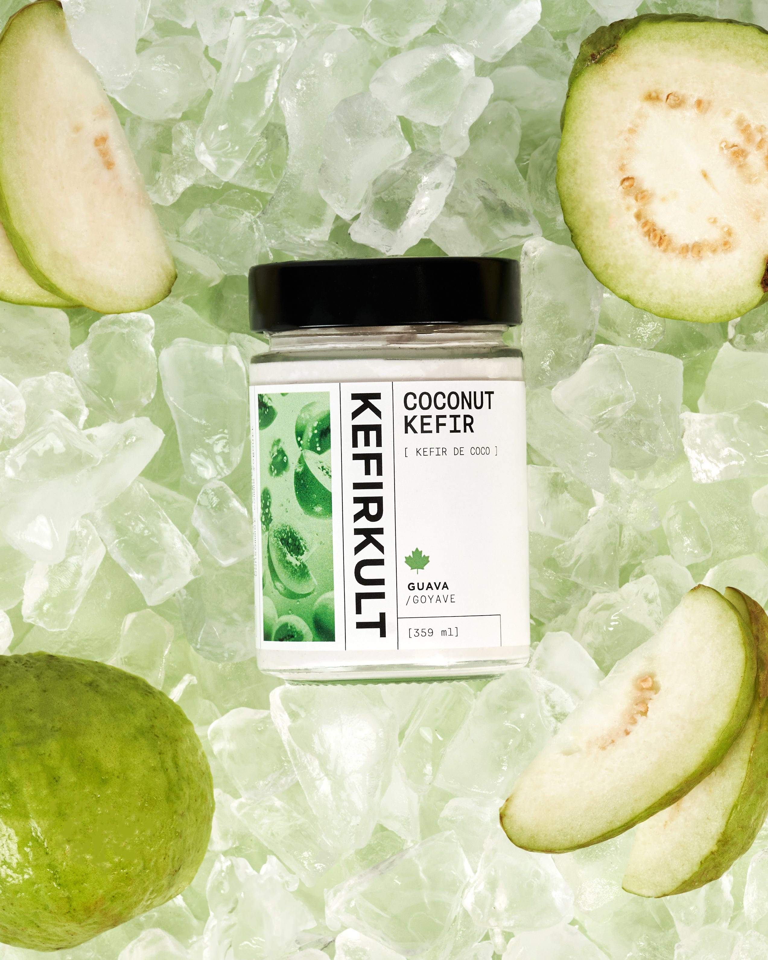 Jar label: KEFIRKULT COCONUT KEFIR [ KEFIR DE COCO ] GUAVA / GOYAVE [359 ml]