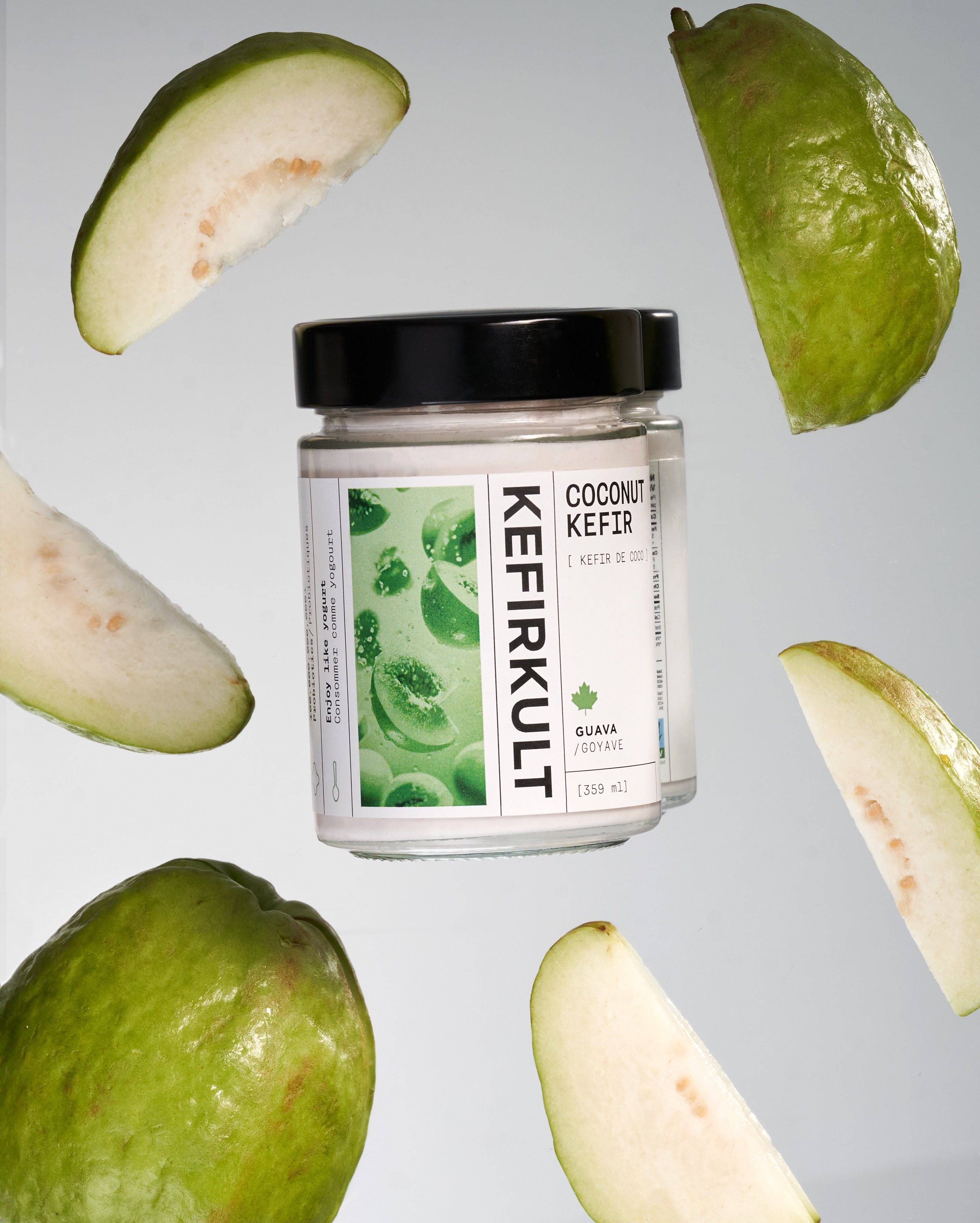 Single glass jar of Kefirkult coconut kefir with guava label showing 'COCONUT KEFIR', 'KEFIRKULT', 'GUAVA / GOYAVE', '359 ml'
